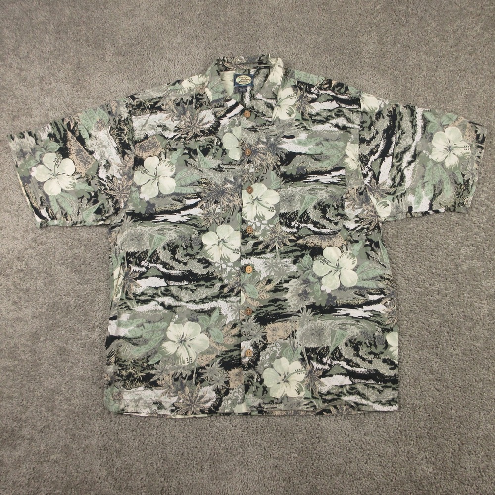Vintage Tommy Bahama Shirt Mens Large Green Floral Linen Hawaiian Aloha Tropical